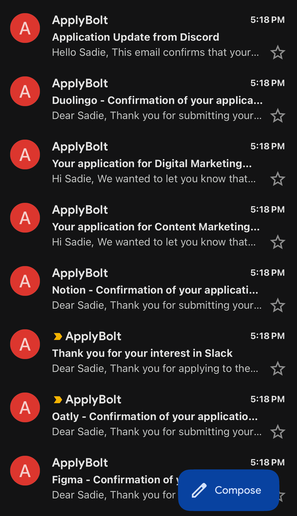 Email inbox showing confirmation emails from Discord, Duolingo, Notion, Slack, and Figma after ApplyBolt submitted applications
