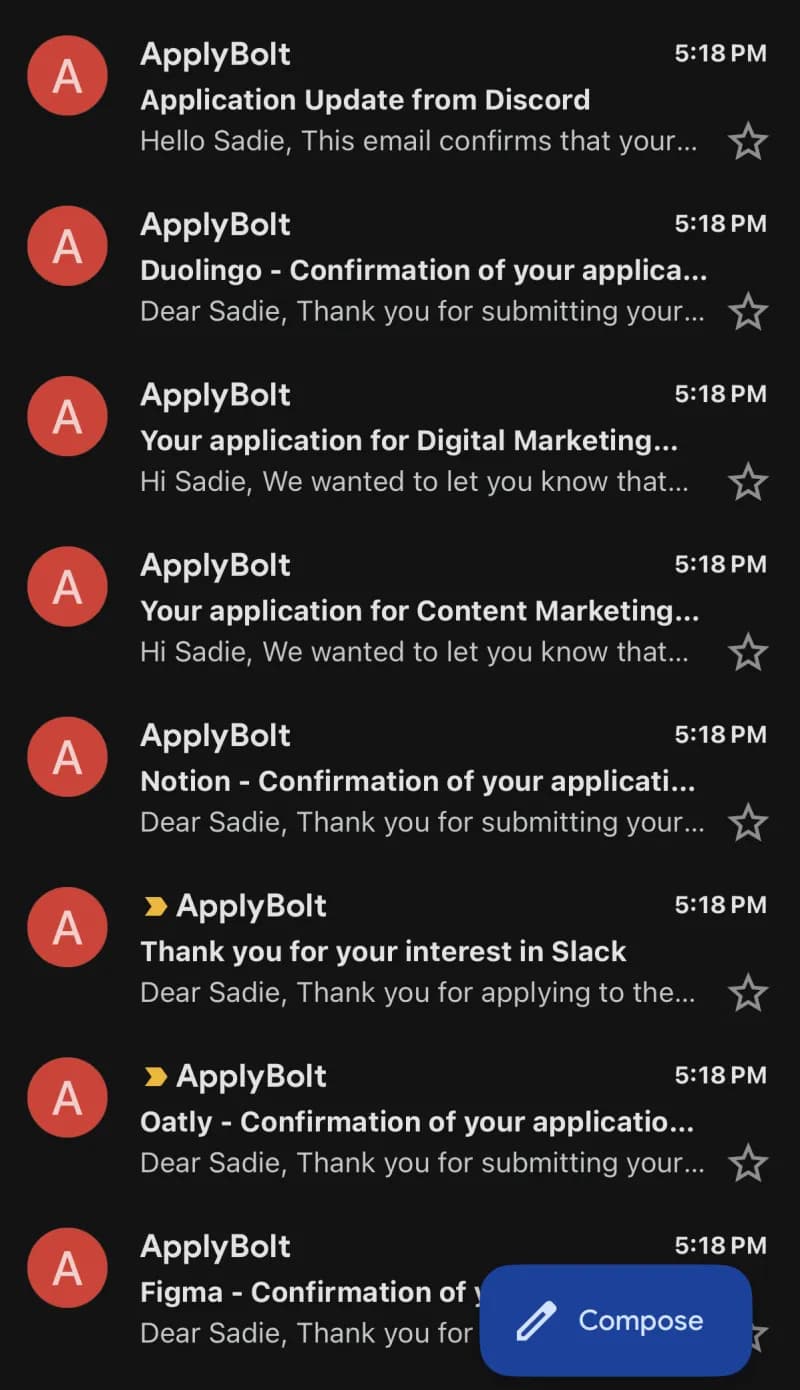 Example inbox with application confirmation messages