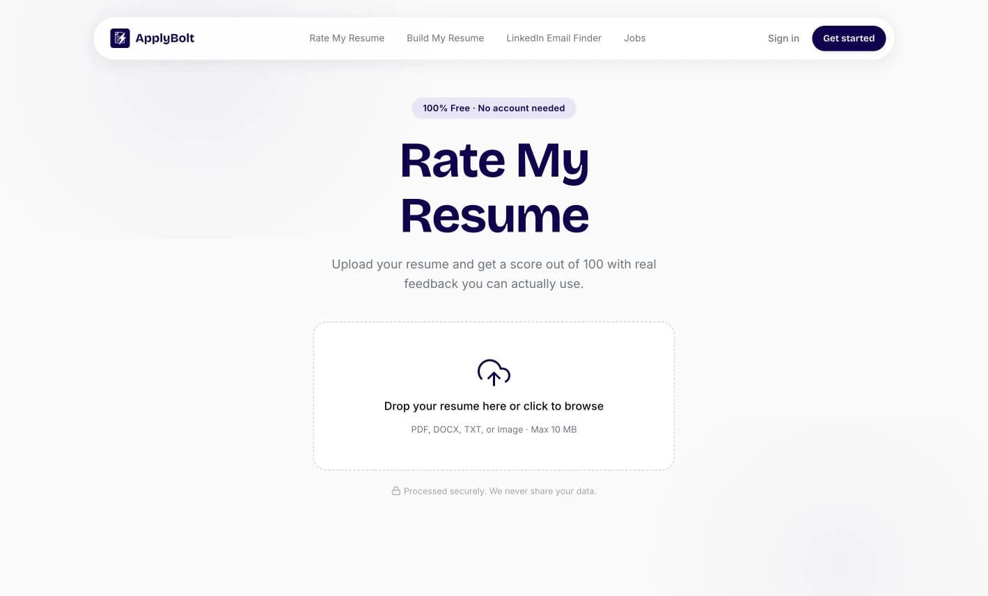 ApplyBolt resume review screen with upload area and supported file types