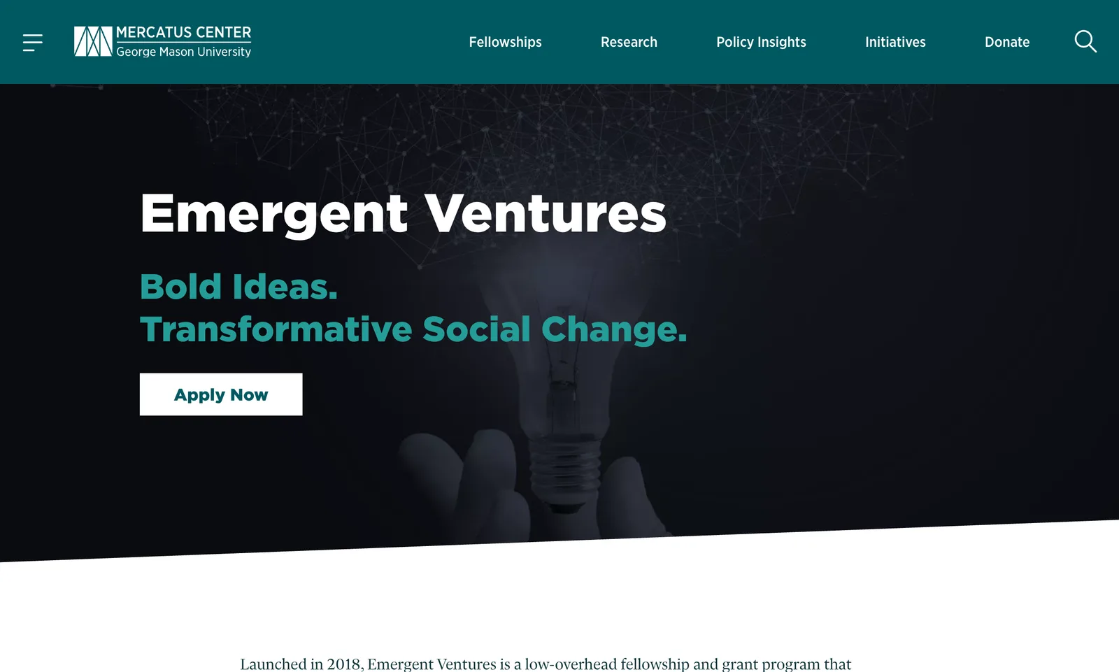 Emergent Ventures page on the Mercatus Center site with an Apply Now button
